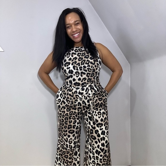 French Connection Leopard Print Jumpsuit Animal Print Wide Leg Romper Neutral - Picture 7 of 11